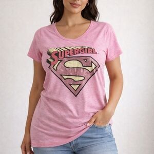 Supergirl Pink Graphic Tee Shirt XL 16-18 Glitter Logo Short Sleeve Casual DC Co